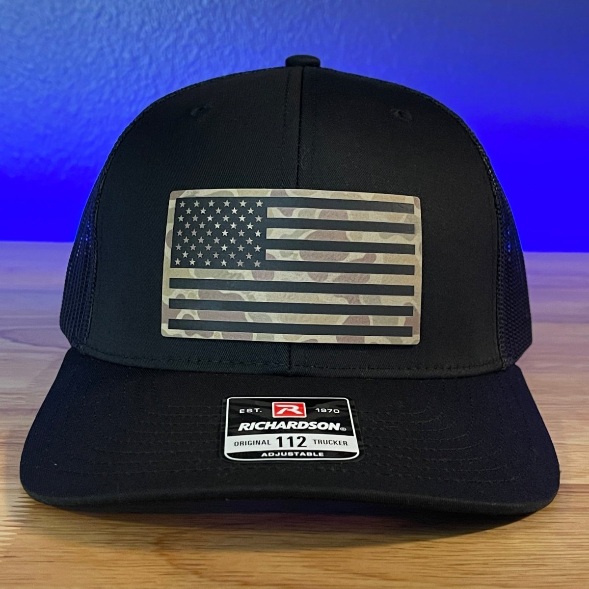 DUCK CAMO AMERICAN FLAG Patriotic Leather Patch Hat Black Patch Hat - VividEditions