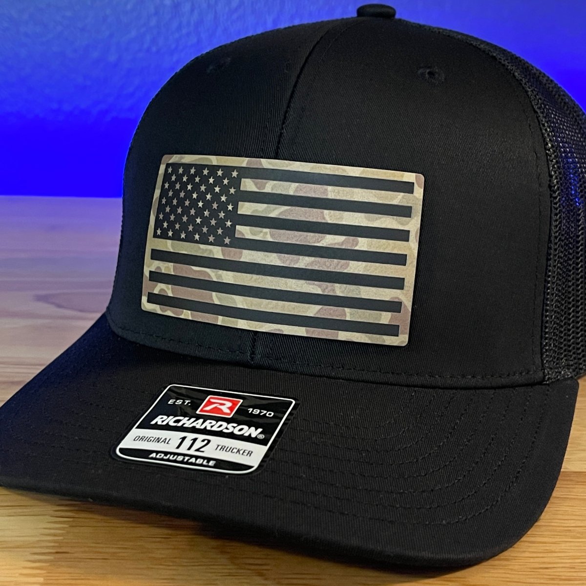 DUCK CAMO AMERICAN FLAG Patriotic Leather Patch Hat Black Patch Hat - VividEditions