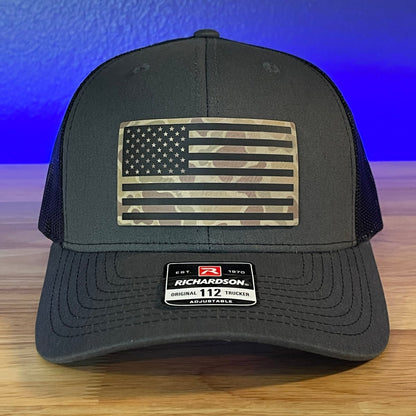 DUCK CAMO AMERICAN FLAG Patriotic Leather Patch Hat Charcoal/Black Patch Hat - VividEditions