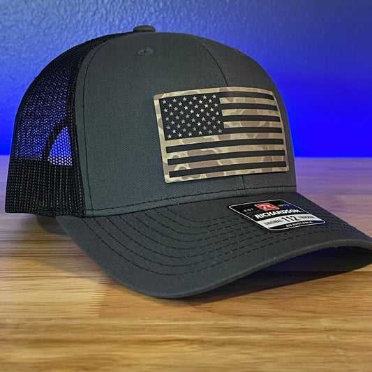 DUCK CAMO AMERICAN FLAG Patriotic Leather Patch Hat Charcoal/Black Patch Hat - VividEditions