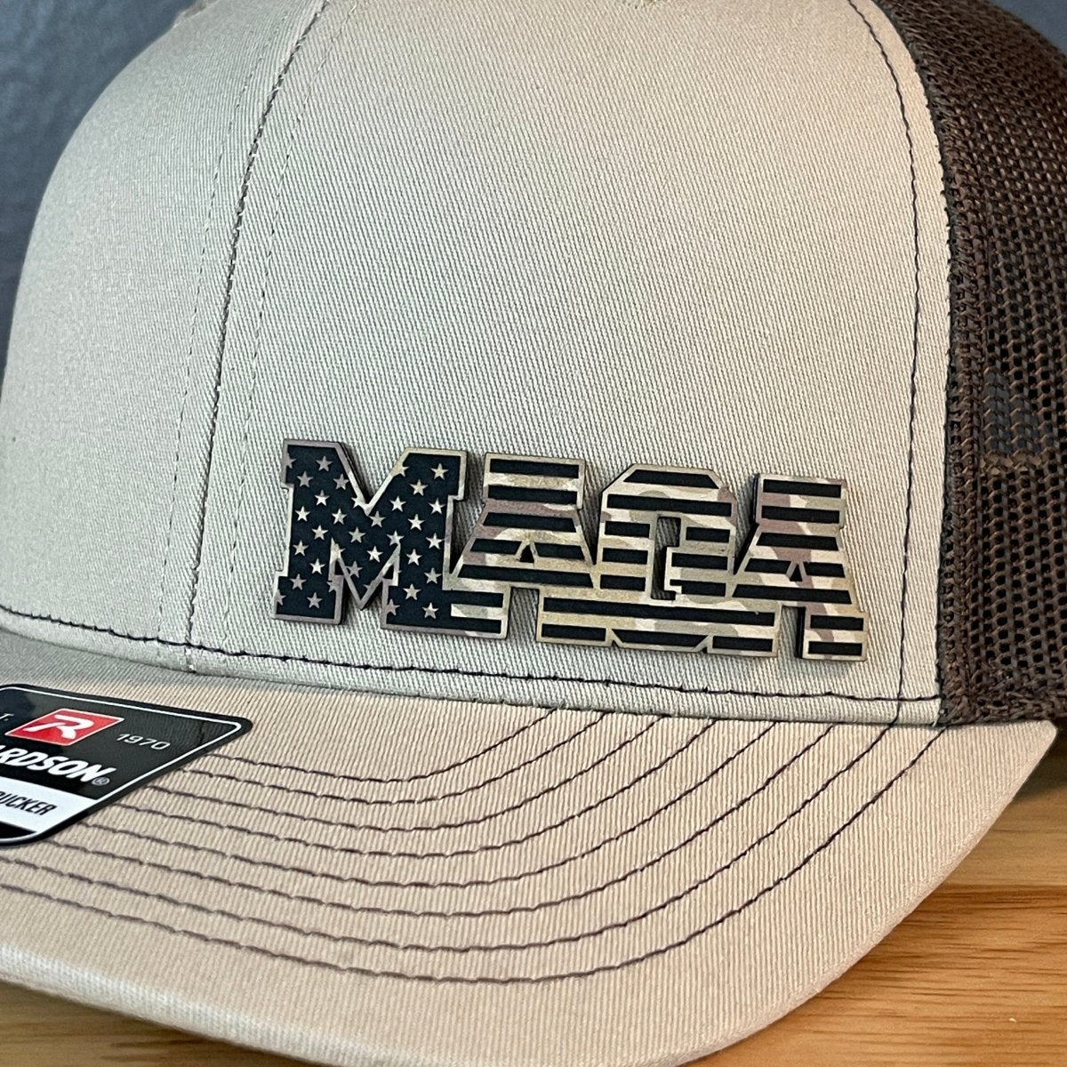 Duck Camo MAGA American Flag Patriotic Side Leather Patch SnapBack Trucker Hat Patch Hat