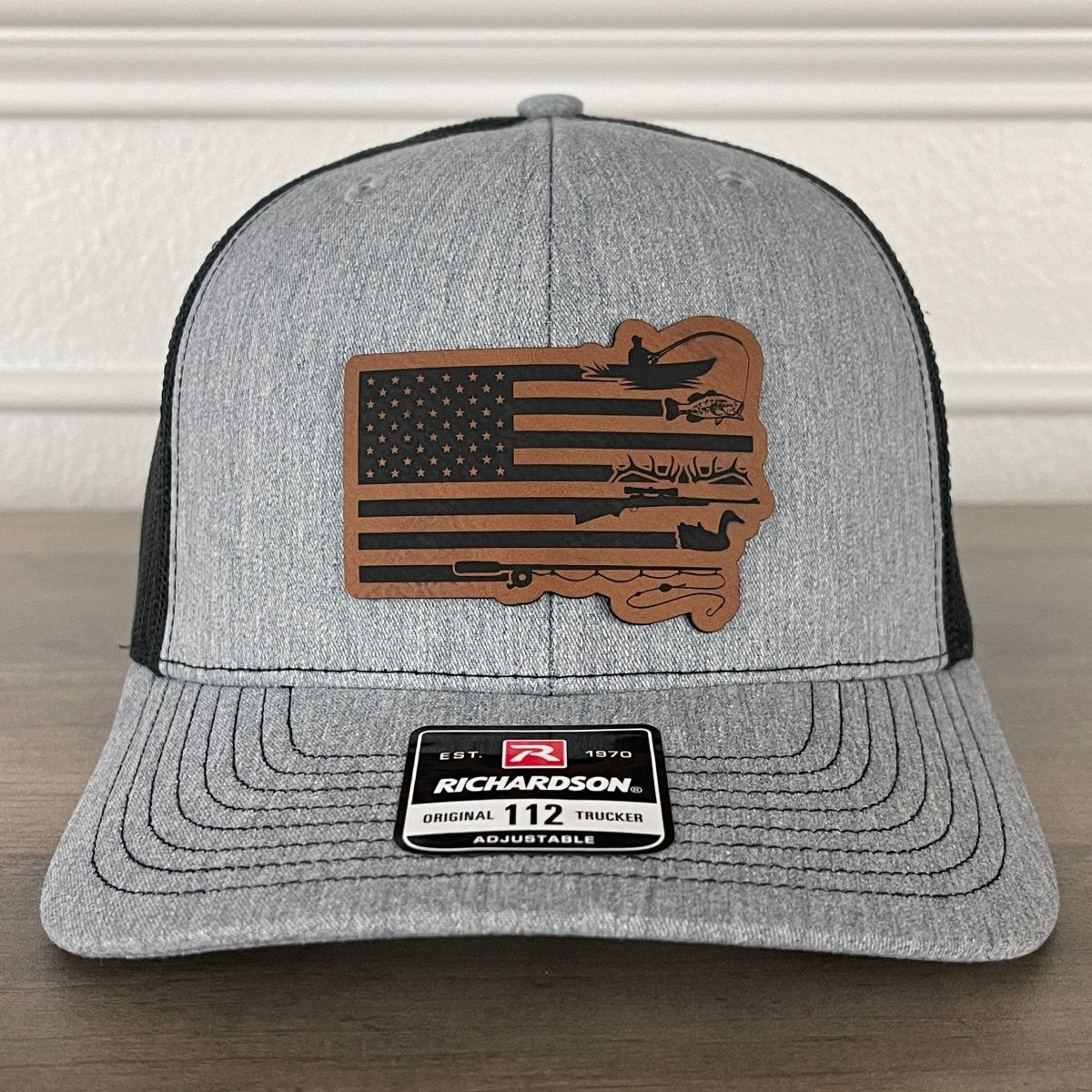 Duck Hunting and Fishing American Flag Leather Patch Hat Patch Hat - VividEditions