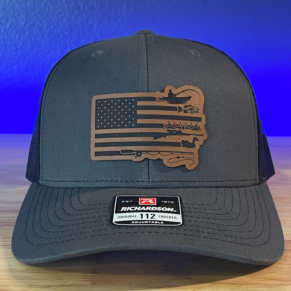 DUCK HUNTING AND FISHING AMERICAN FLAG Patriotic Leather Patch Hat Charcoal/Black Patch Hat - VividEditions