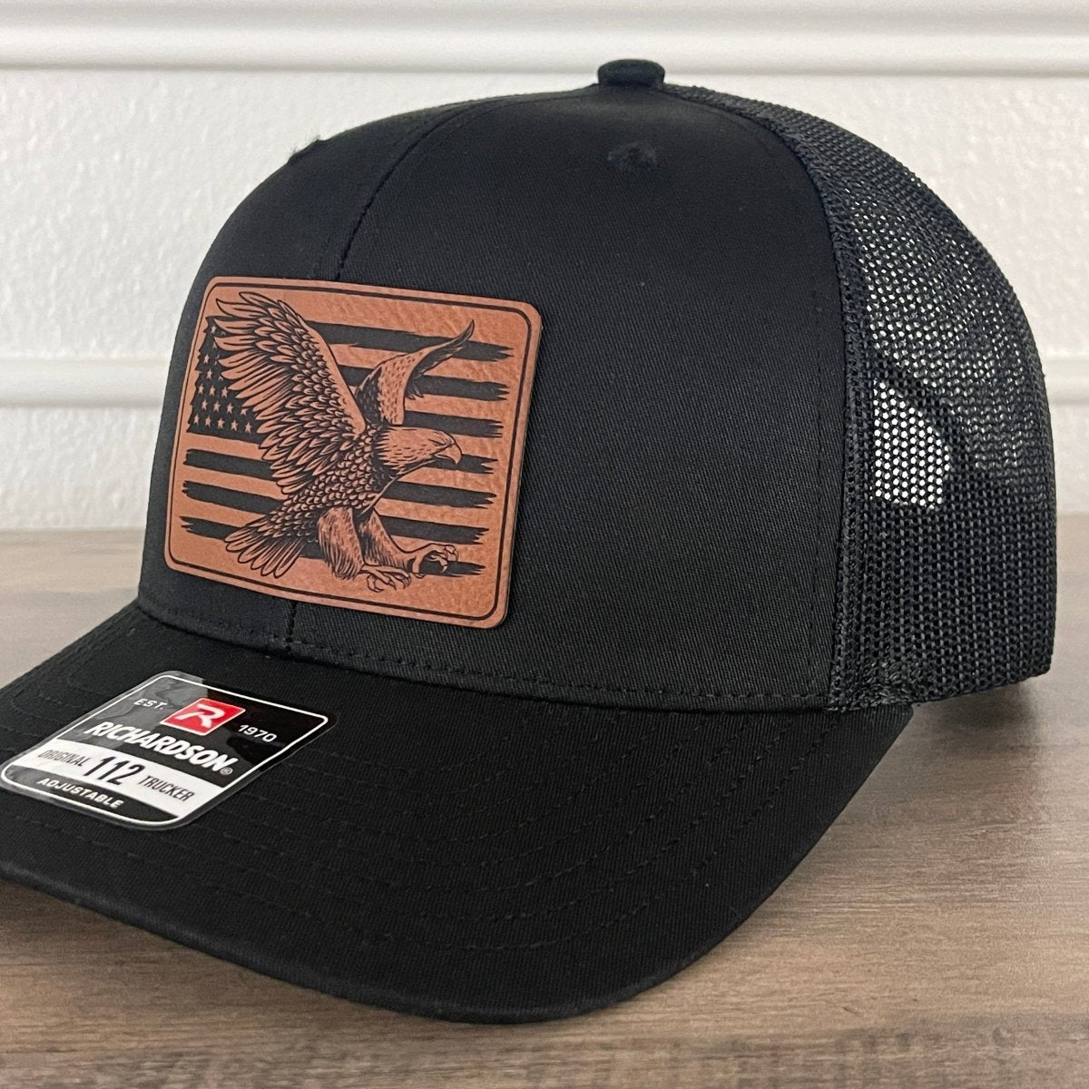 Eagle American Flag Patriotic Leather Patch Hat Black Patch Hat - VividEditions