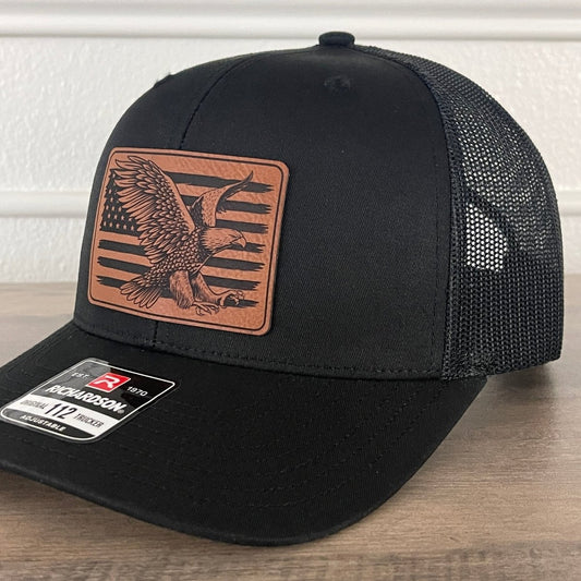 Eagle American Flag Patriotic Leather Patch Hat Black Patch Hat - VividEditions
