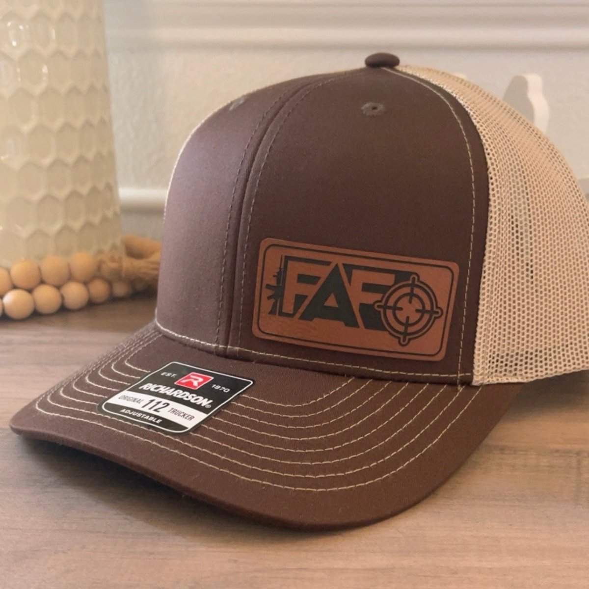 F Around And Find Out FAFO Flag Leather Patch Hat Brown Patch Hat - VividEditions