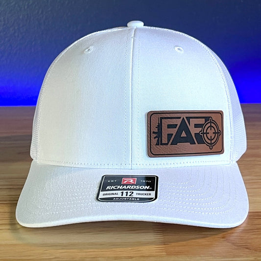 FAFO F AROUND AND FIND OUT Side Leather Patch Trucker Hat White Patch Hat