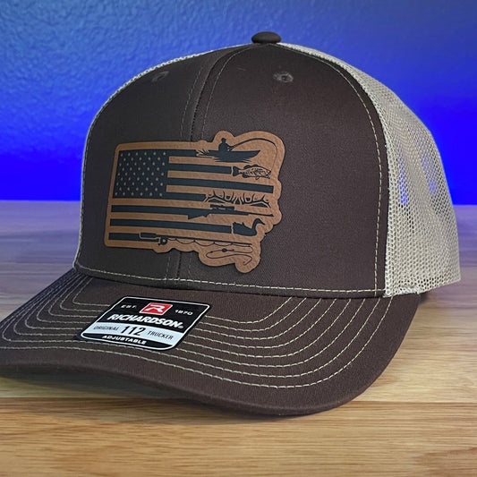 Fishing And Duck Hunting American Flag Leather Patch Hat Brown Patch Hat - VividEditions