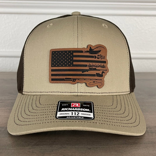 Fishing And Duck Hunting American Flag Patriotic Leather Patch Hat Khaki/Brown Patch Hat - VividEditions
