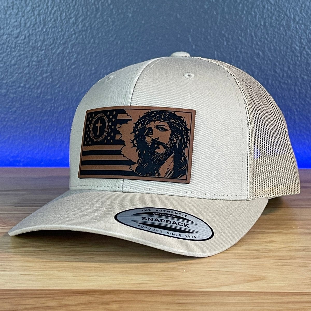 God And Country American Flag Christian SnapBack Trucker Leather Patch Hat Khaki Patch Hat