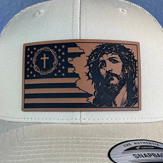 God And Country American Flag Christian SnapBack Trucker Leather Patch Hat Khaki Patch Hat