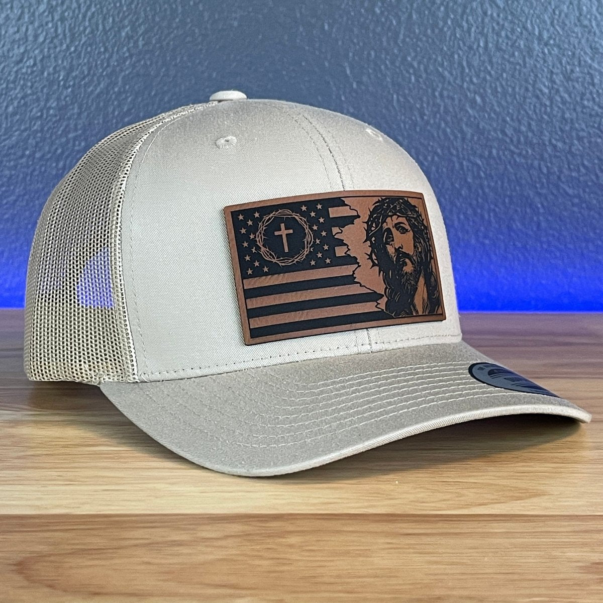 God And Country American Flag Christian SnapBack Trucker Leather Patch Hat Khaki Patch Hat