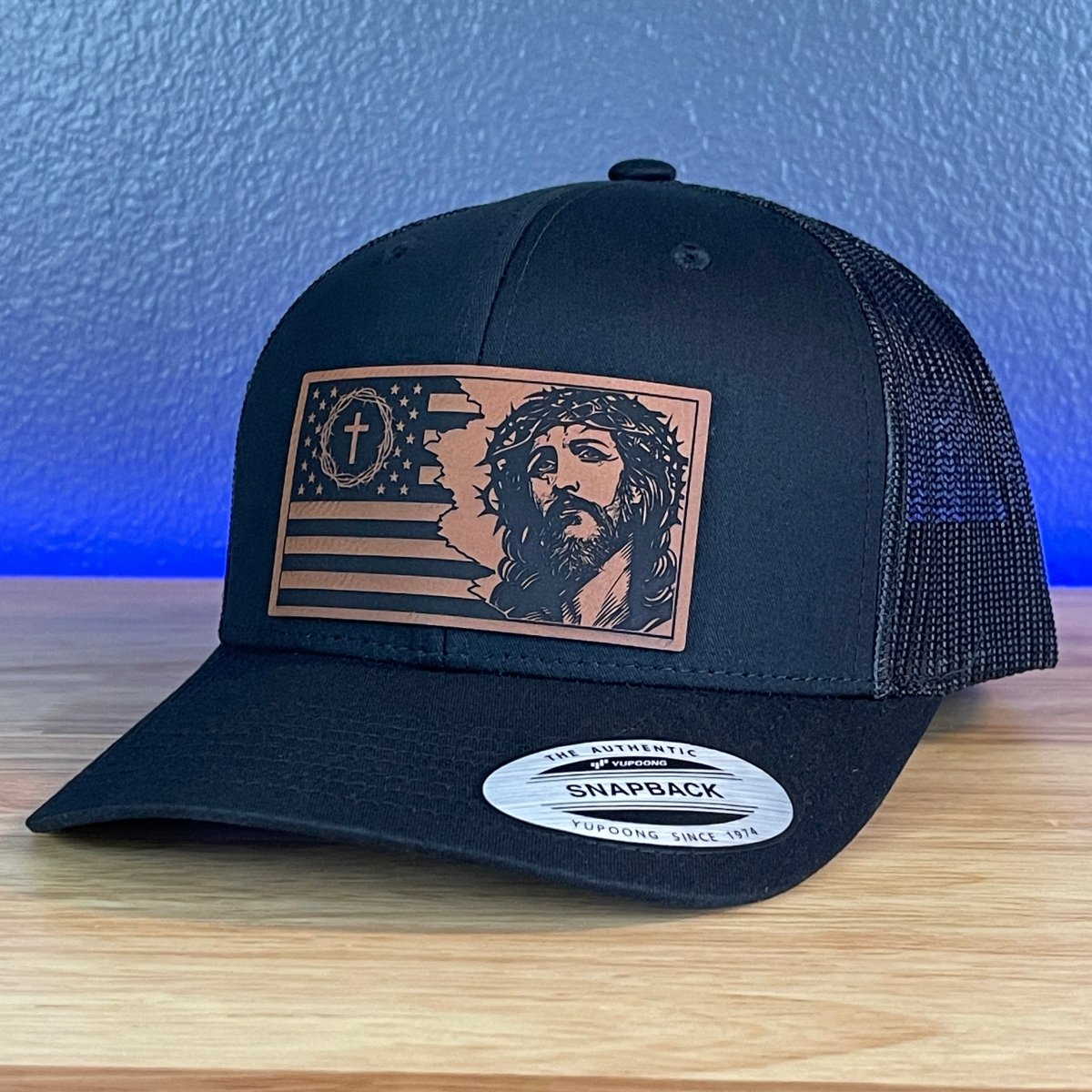 God And Country Jesus American Flag Christian SnapBack Trucker Rawhide Leather Patch Black Hat Patch Hat