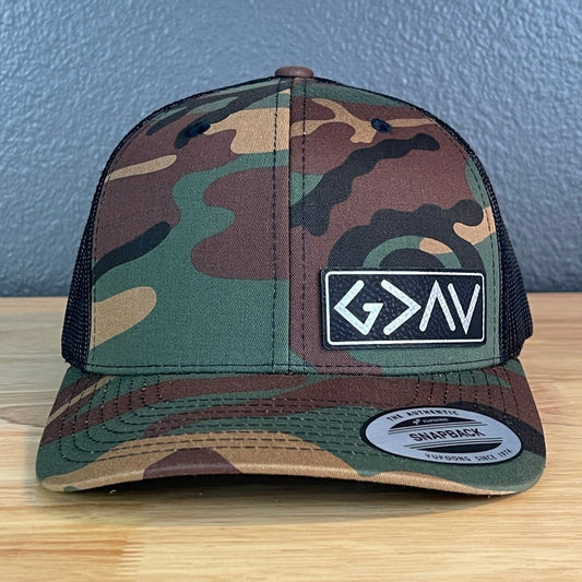 God Is Greater Than The Highs And Lows Christian SnapBack Leather Patch Hat Blk/Silv Side Patch Hat