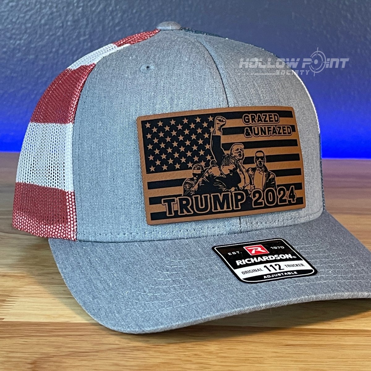 GRAZED & UNFAZED Trump 2024 Flag Leather Patch SnapBack Trucker Hat Stars & Stripes Patch Hat