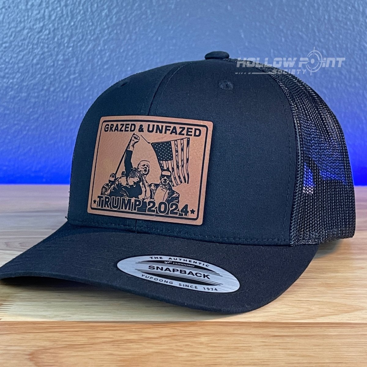 Grazed & Unfazed Trump 2024 SnapBack Trucker Rawhide Leather Patch Black Hat Patch Hat