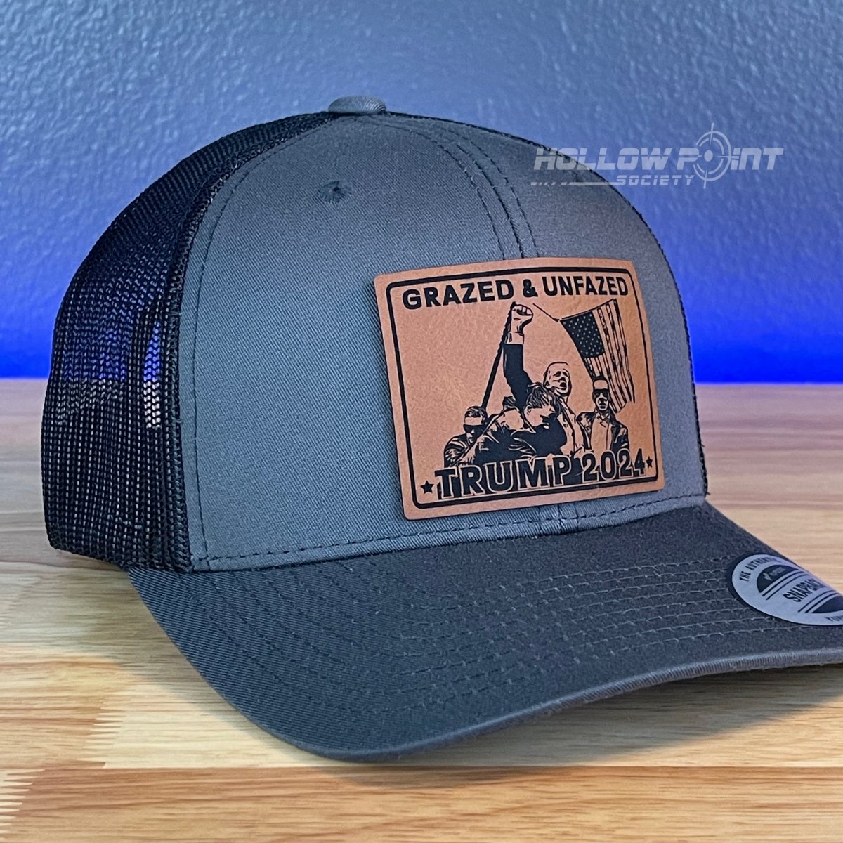 Grazed & Unfazed Trump 2024 SnapBack Trucker Rawhide Leather Patch Charcoal Hat Patch Hat