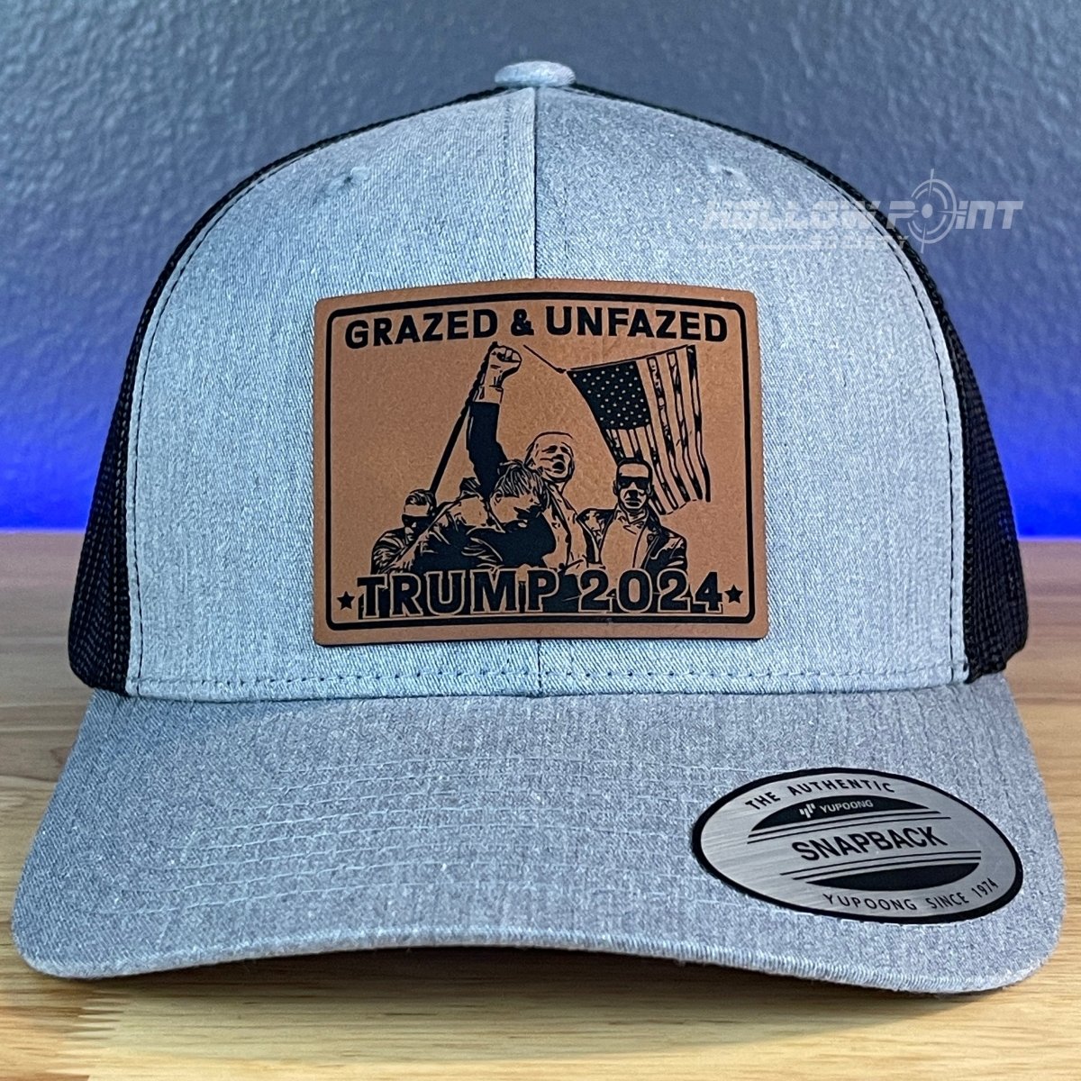 Grazed & Unfazed Trump 2024 SnapBack Trucker Rawhide Leather Patch Hat Patch Hat