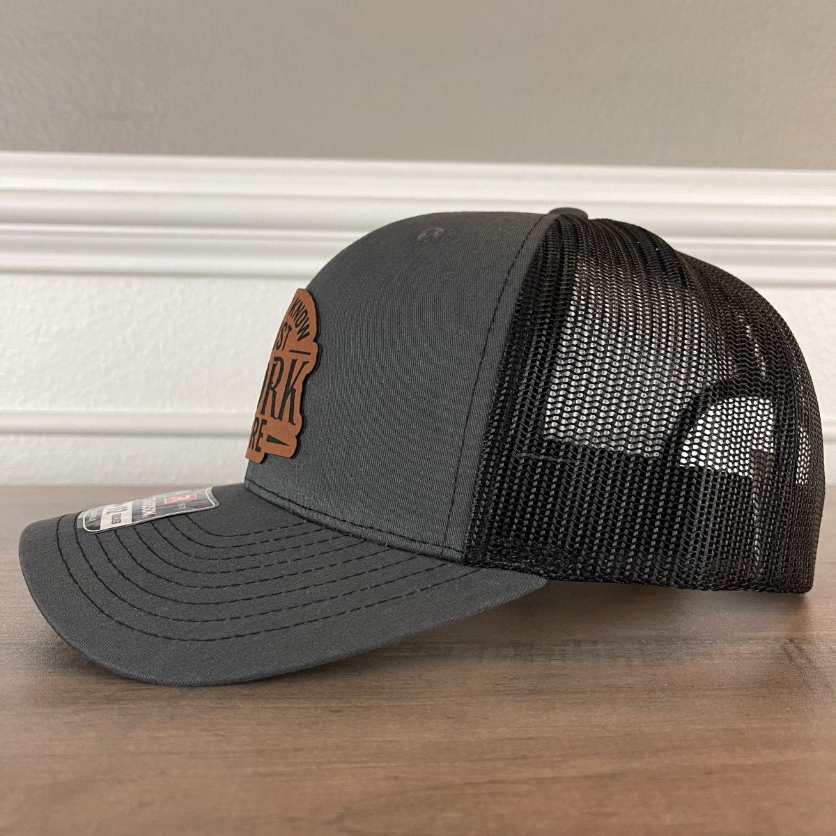 I Don't Know I Just Work Here Funny Leather Patch Hat Charcoal/Black Patch Hat - VividEditions