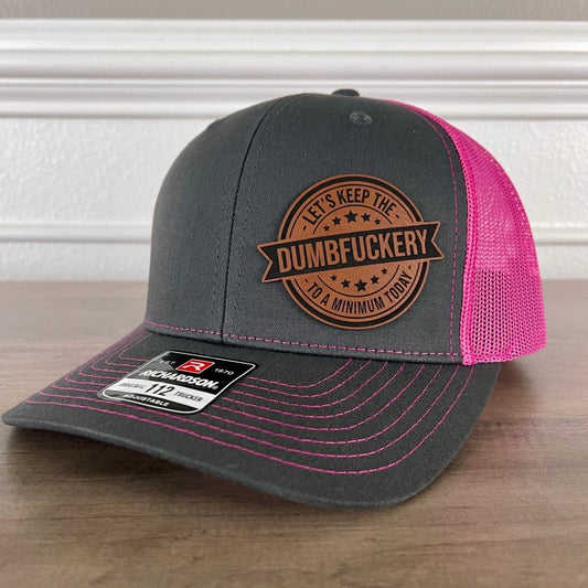 Keep The Dumbfckery To A Minimum Funny Leather Patch Hat Pink - VividEditions