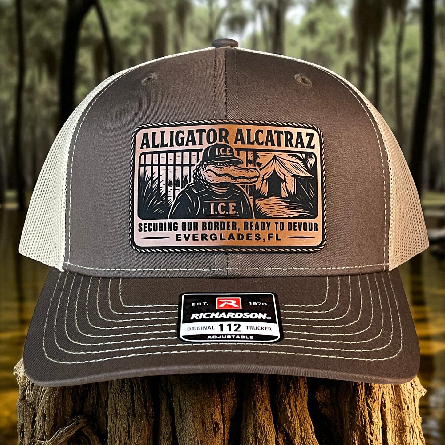 Alligator Alcatraz Swamp ICE Funny Leather Patch SnapBack Trucker Hat