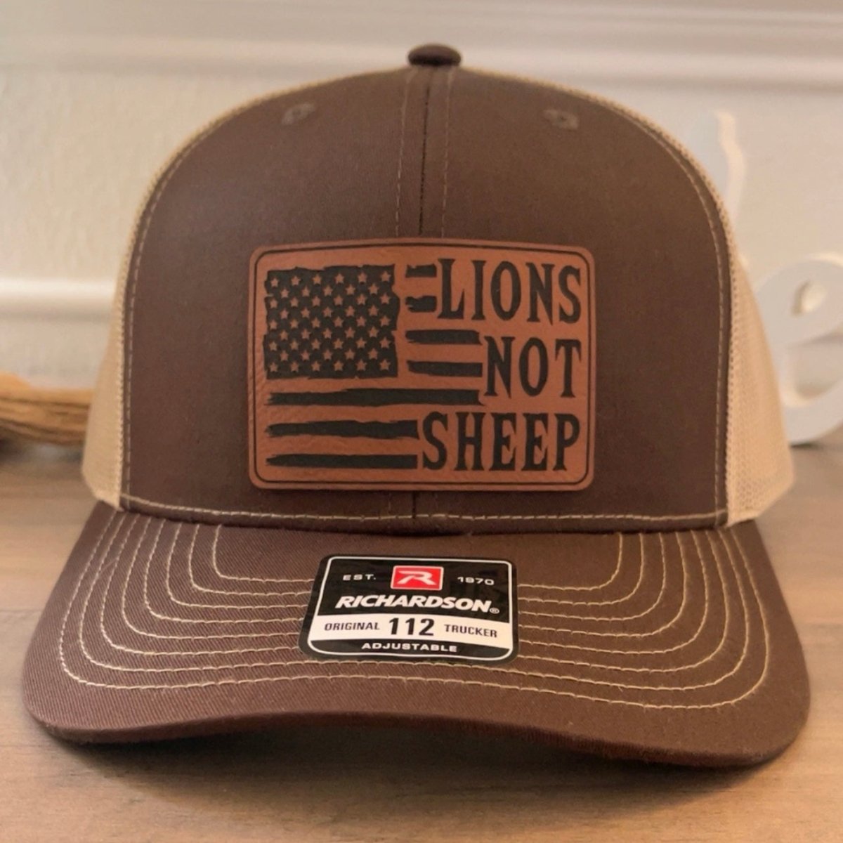 Lions Not Sheep American Flag Leather Patch Hat Brown Patch Hat - VividEditions
