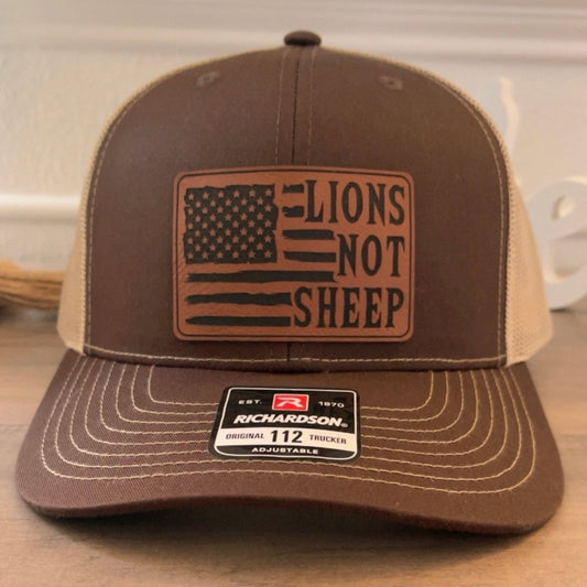Lions Not Sheep American Flag Leather Patch Hat Brown Patch Hat - VividEditions