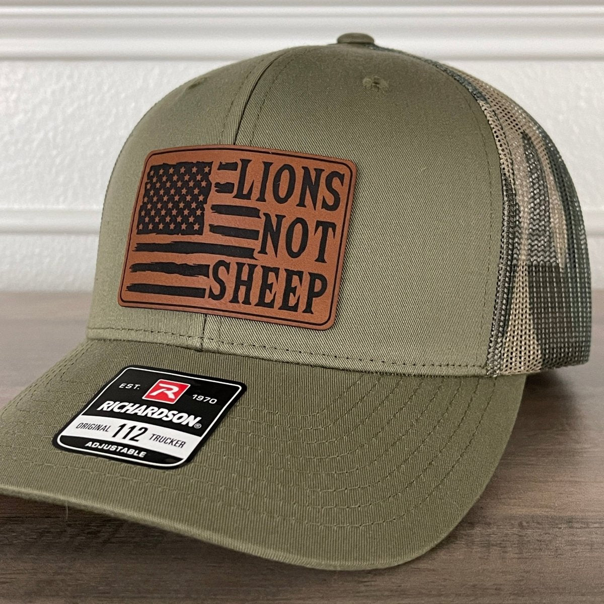 Lions Not Sheep American Flag Patriotic Leather Patch Hat Green/Camo Patch Hat - VividEditions