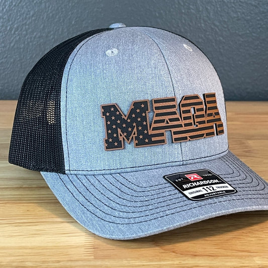 MAGA American Flag Patriotic Leather Patch SnapBack Trucker Hat Rawhide Patch Hat