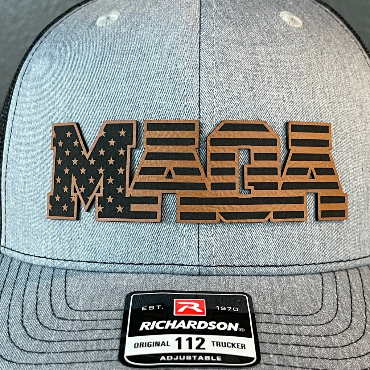 MAGA American Flag Patriotic Leather Patch SnapBack Trucker Hat Rawhide Patch Hat