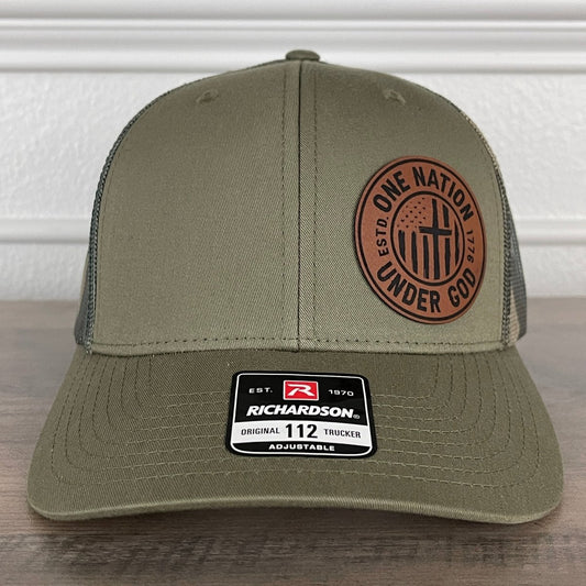 One Nation Under God Flag Cross Patriotic Leather Patch Hat Green/Camo Patch Hat - VividEditions
