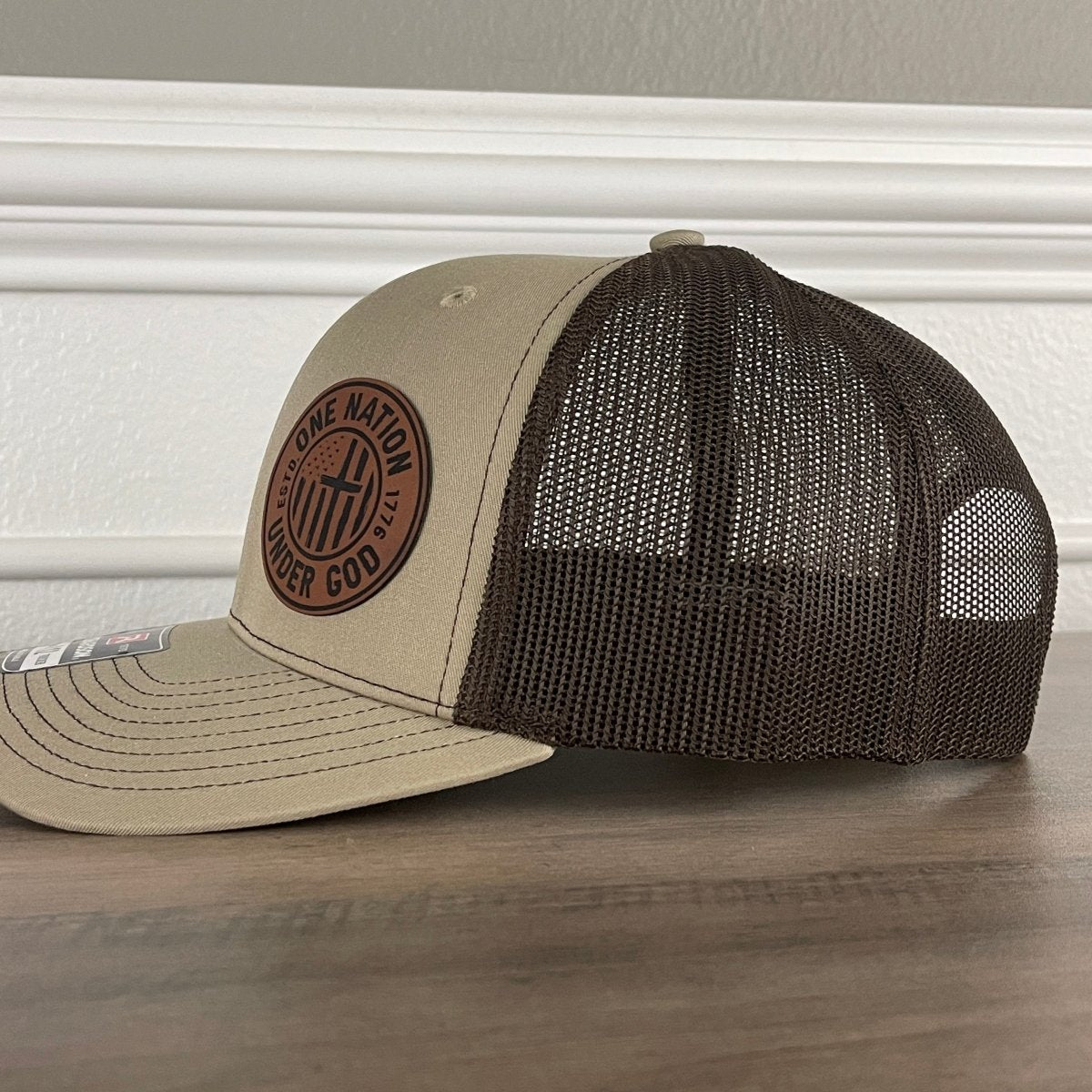 One Nation Under God Flag Patriotic Leather Patch Hat Khaki/Brown Patch Hat - VividEditions