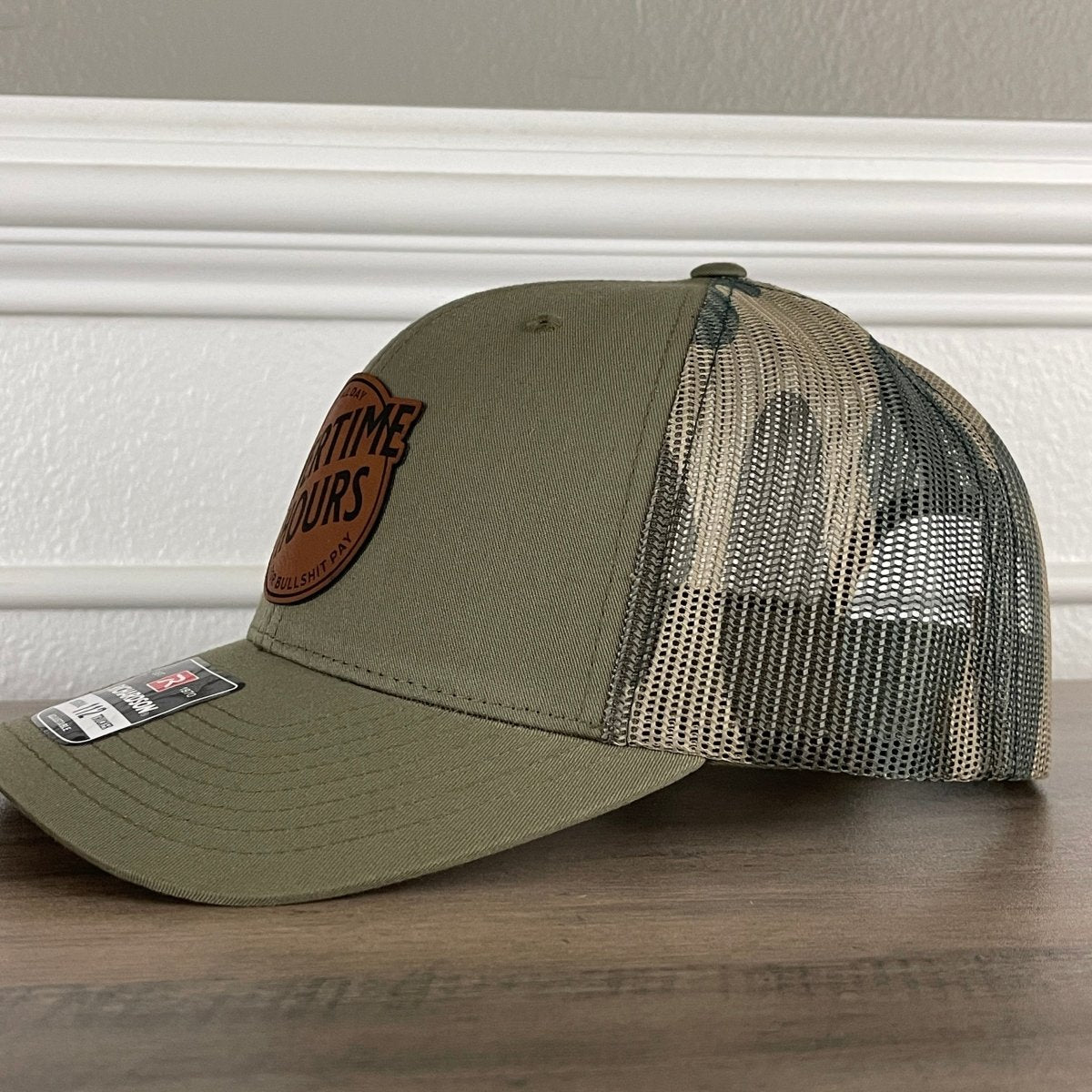 Overtime Hours For BS Pay Patriotic Leather Patch Hat Green/Camo Patch Hat - VividEditions