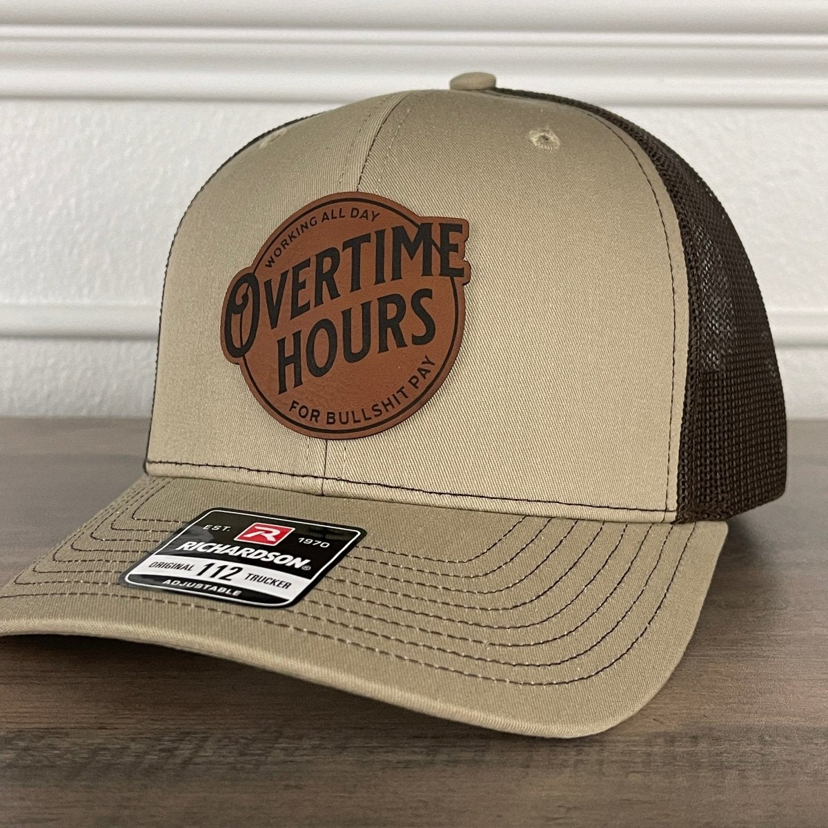 Overtime Hours For BS Pay Patriotic Leather Patch Hat Khaki/Brown Patch Hat - VividEditions