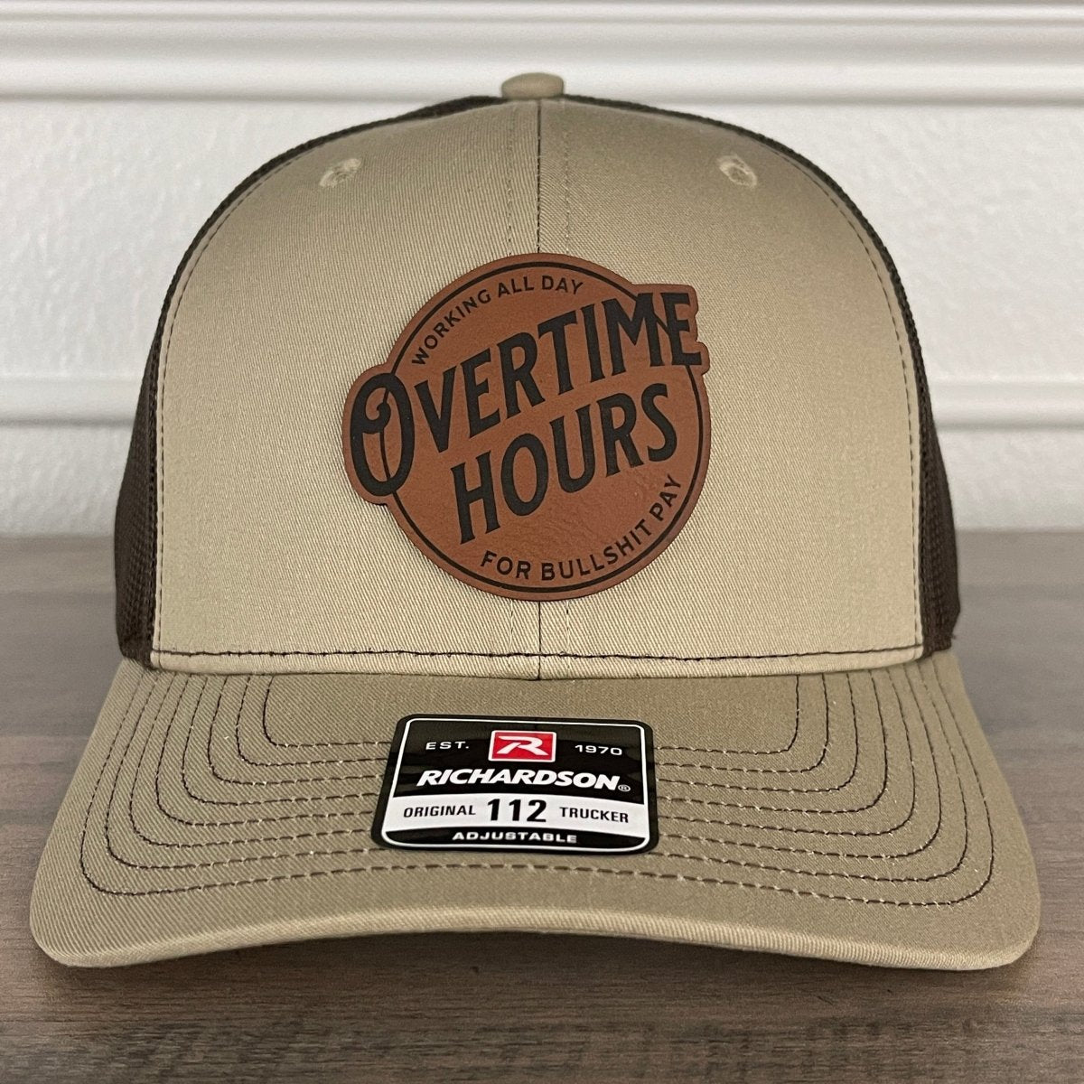 Overtime Hours For BS Pay Patriotic Leather Patch Hat Khaki/Brown Patch Hat - VividEditions