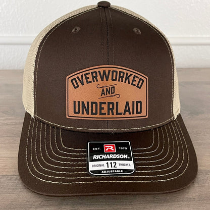 Overworked And Underlaid Funny Trucker Leather Patch Hat Patch Hat - VividEditions