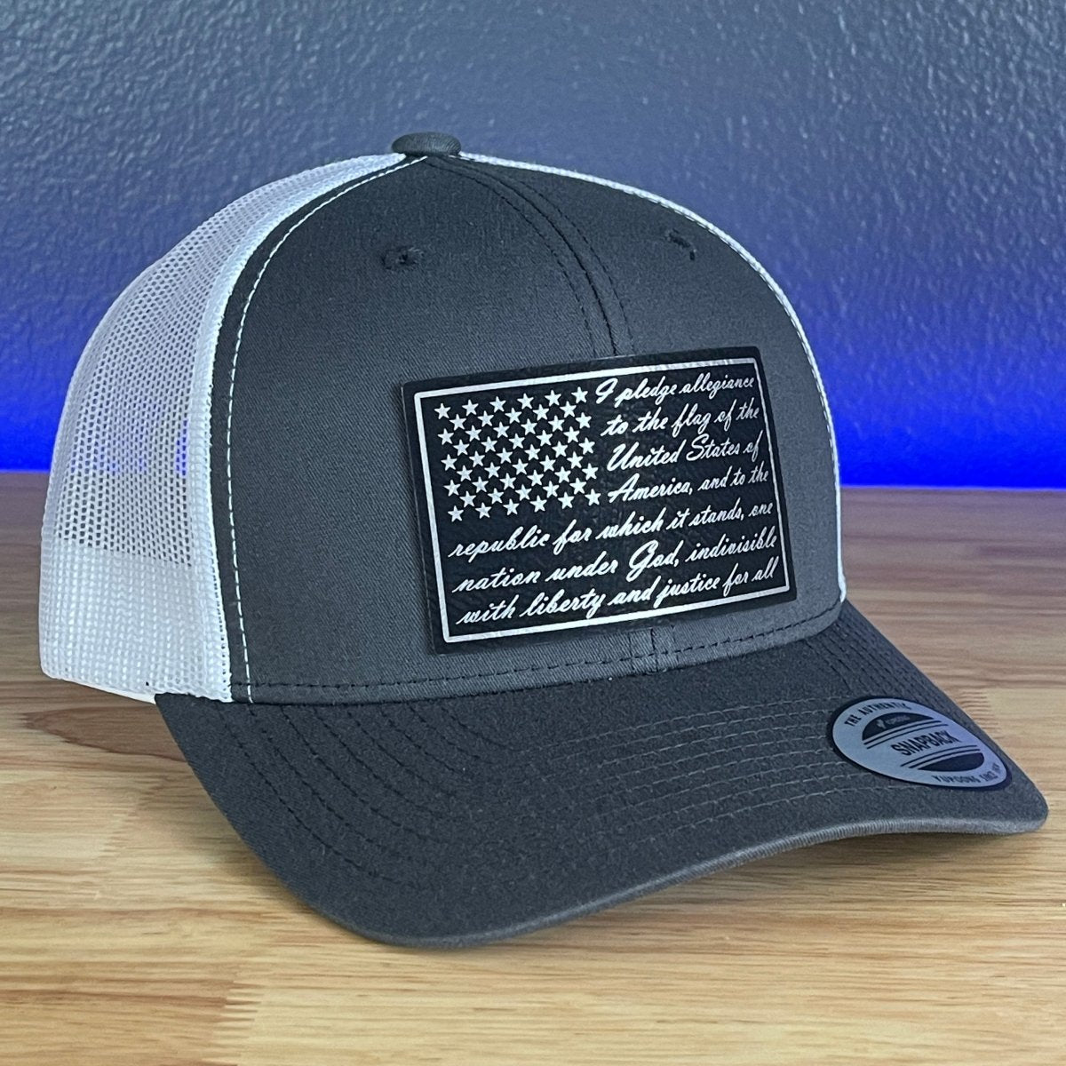 Pledge Of Allegiance American Flag Patriotic SnapBack Trucker Blk/Silv Leather Patch Hat Charcoal/White Patch Hat