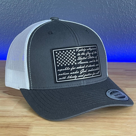 Pledge Of Allegiance American Flag Patriotic SnapBack Trucker Blk/Silv Leather Patch Hat Charcoal/White Patch Hat