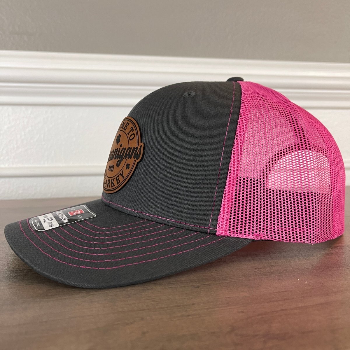Prone To Shenanigans And Malarkey St. Patrick's Day Funny Front Leather Patch Hat Pink Patch Hat - VividEditions