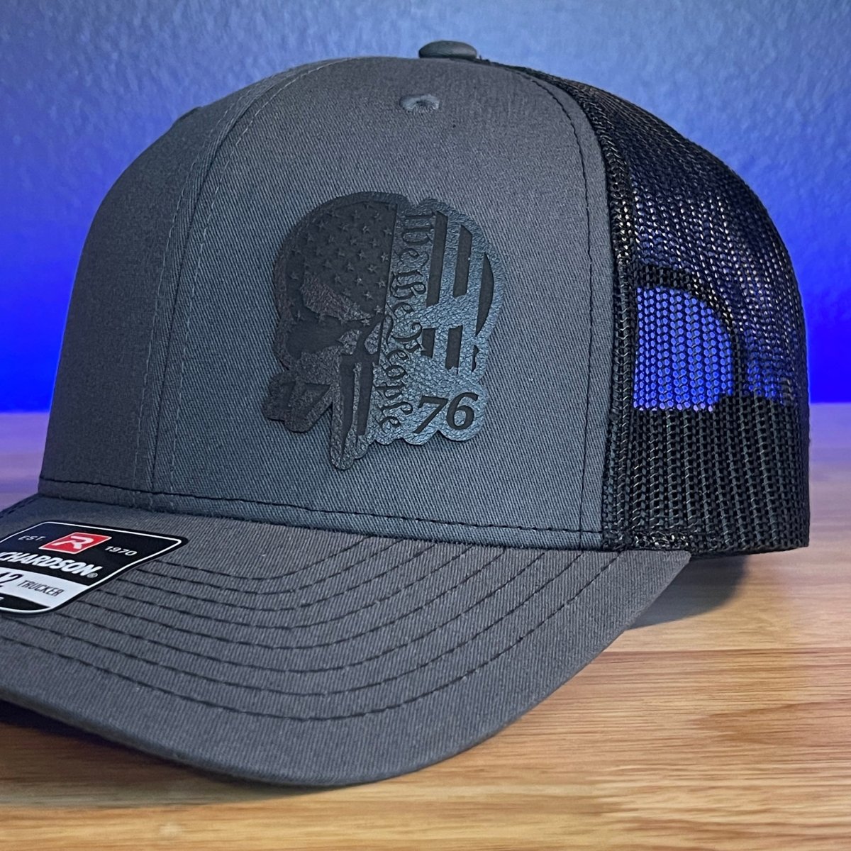 PUNISHER SKULL 1776 WE THE PEOPLE Black Side Leather Patch Hat Charcoal/Black Patch Hat