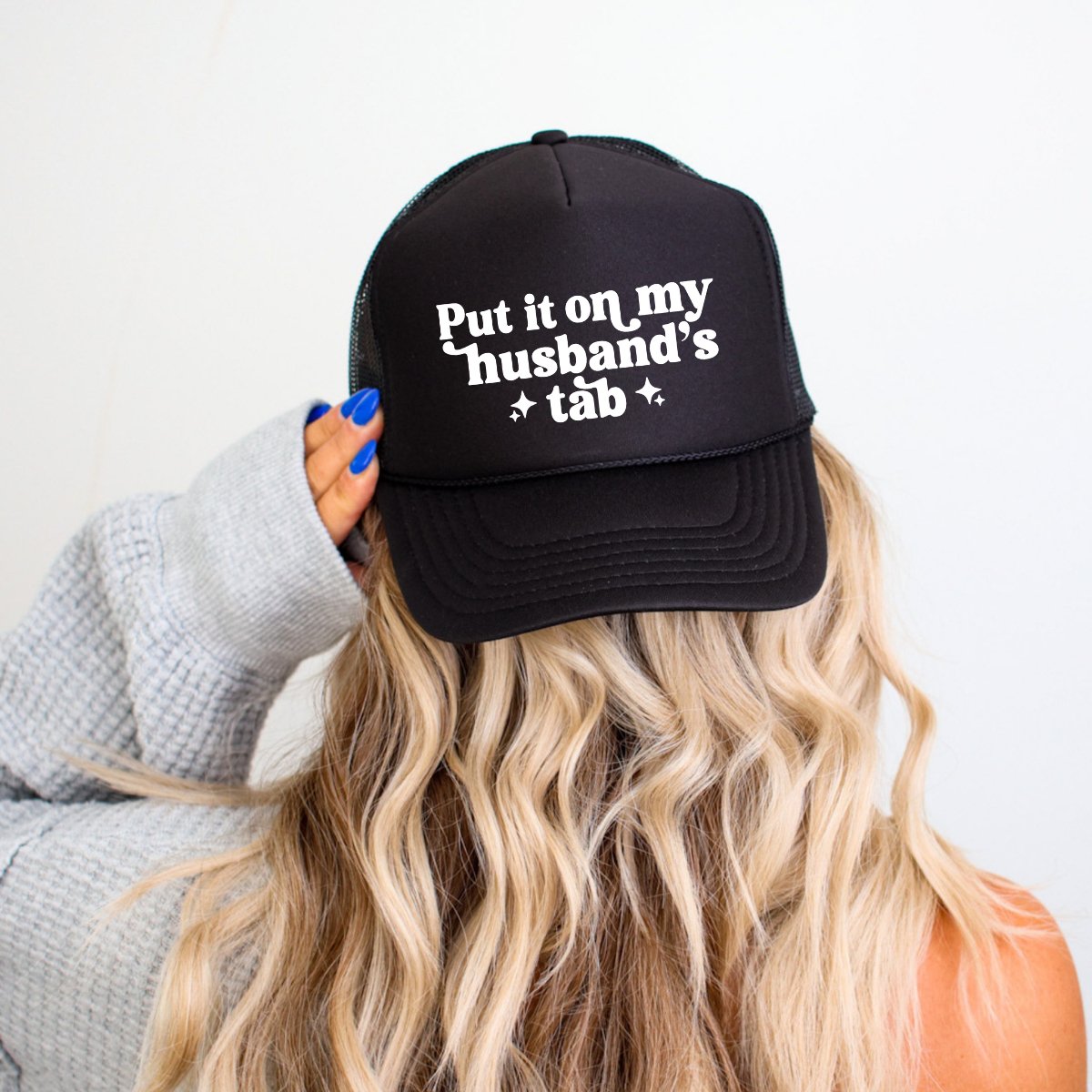 Put It On My Husbands Tab Funny Classic Foam Trucker Hat Black Trucker Hat