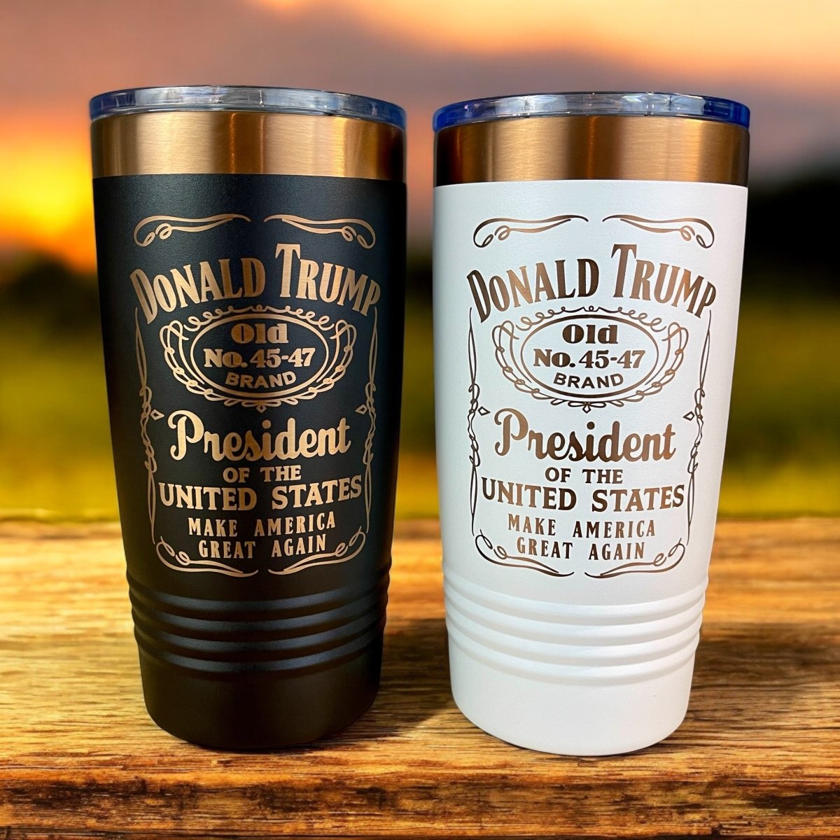 Set of 2: Trump 45 - 47 Vintage Label Collector's 20oz Rose Gold Laser Engraved Tumblers Tumblers