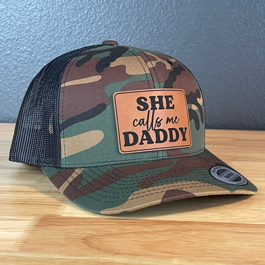She Calls Me Daddy Funny Leather Patch Hat Camo/Black Patch Hat