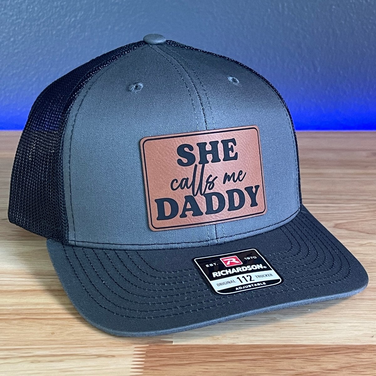 She Calls Me Daddy Funny Leather Patch Hat Charcoal/Black Patch Hat