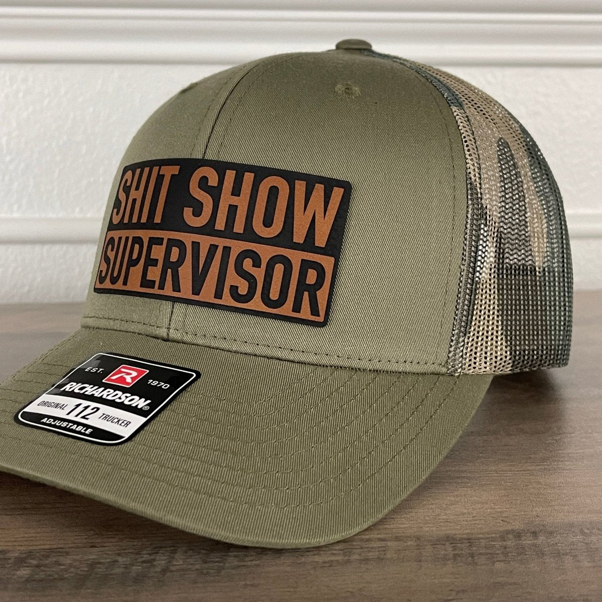 Sh*t Show Supervisor Funny Leather Patch Hat Green/Camo Patch Hat - VividEditions