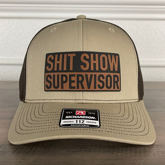 Sh*t Show Supervisor Funny Leather Patch Hat Khaki/Brown Patch Hat - VividEditions