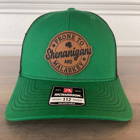 St. Patrick's Day Prone To Shenanigans And Malarkey Green Leather Patch Hat Patch Hat - VividEditions