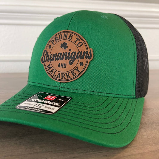 St. Patrick's Day Prone To Shenanigans And Malarkey Green Leather Patch Hat Patch Hat - VividEditions