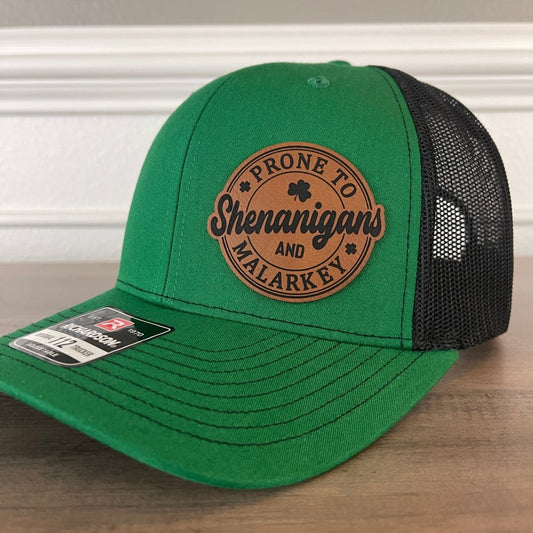 St. Patrick's Day Prone To Shenanigans And Malarkey Green Side Leather Patch Hat Patch Hat - VividEditions