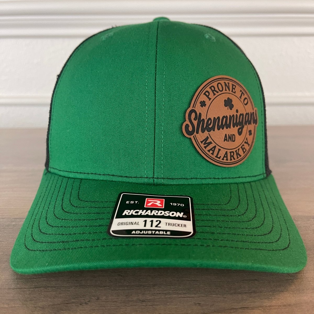 St. Patrick's Day Prone To Shenanigans And Malarkey Green Side Leather Patch Hat Patch Hat - VividEditions